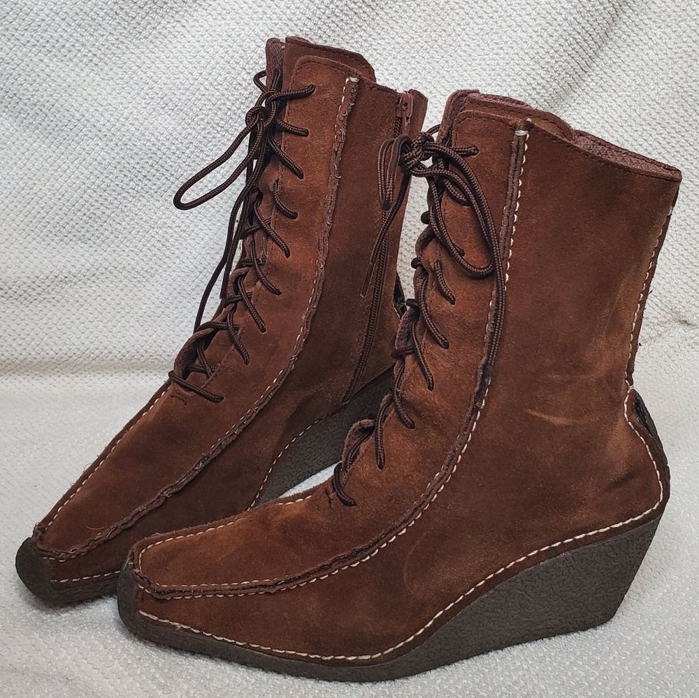 Brown leather moccasin heel zip up boot women 8.5